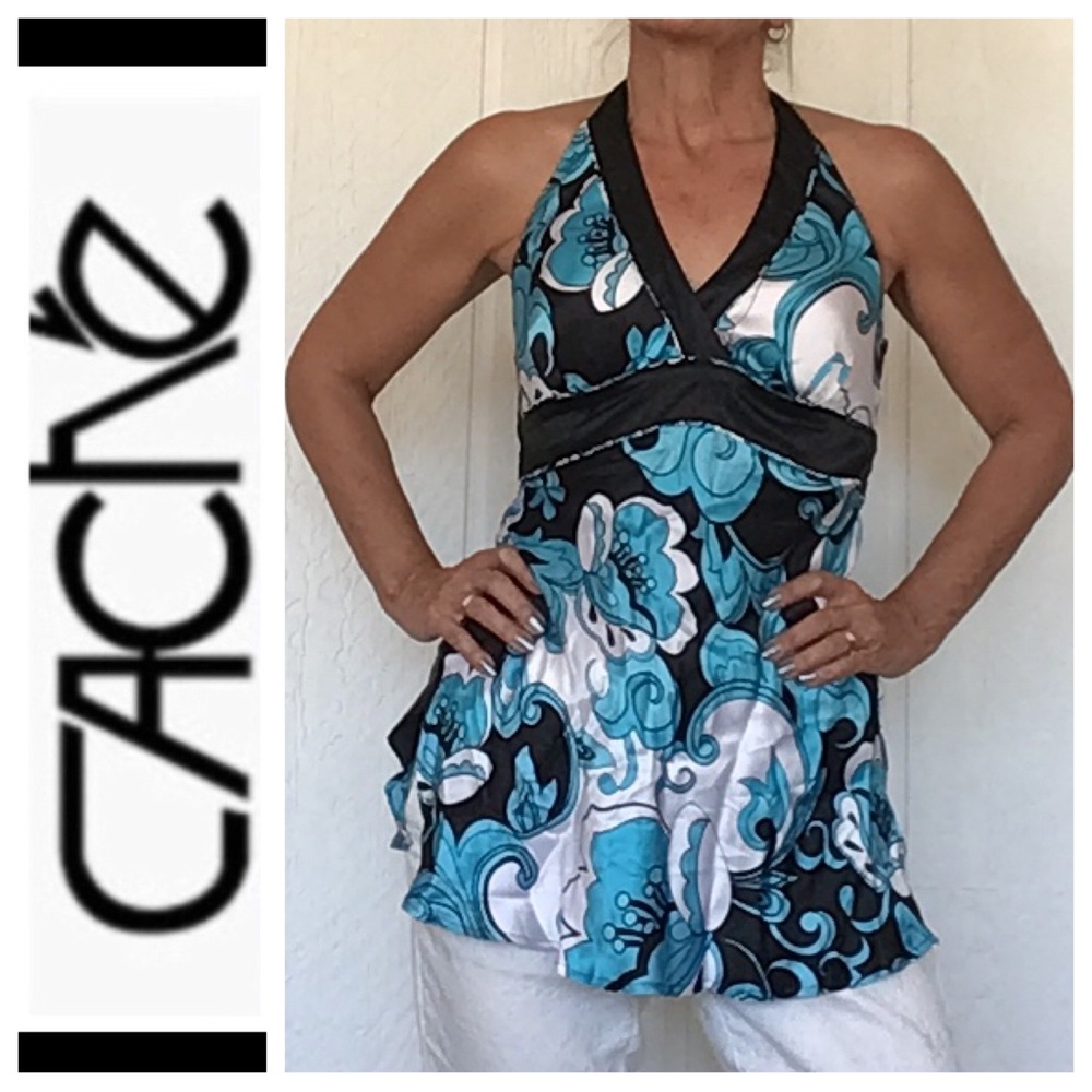 CACHE BLUE WHITE BLACK SILK HALTER TOP NWT WOMENS SIZE 10